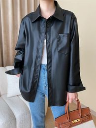 Women's Leather ENjoyce Women Loose Style PU Jacket Korean Fashion Lapel Buttons Shirt Coat Motorcycle Biker Jackets Streetwear Spring