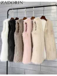 Fur ZADORIN Fashion Autumn Winter Fur Vests V Neck Solid Long Faux Fur Vest Women Pink White Faux Fur Jacket Furry Fur Coats Tops