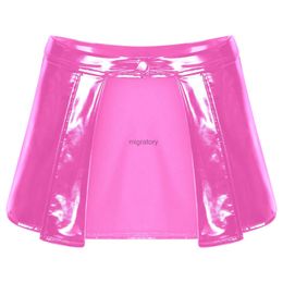 Skirts Skorts Womens Patent Leather Mini Skirt Female Wet Look Clubwear Rave Custom for Pole Dancing Open Front One Button Bodycon YQ240223