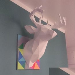 Decorative Objects Figurines Deer Head Trophy Papercraft 3D Paper Model 3 Colour Geometric Origami Scpture For Home Decor Wall Deco Dhnjs