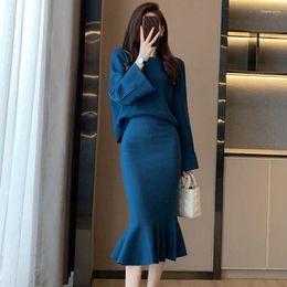 Work Dresses Fashion Design Knitted Two Piece Set Women Elegant O-Neck Long Sleeve Pullover Sweater Tops Bodycon Mermaid Midi Skirts Suit