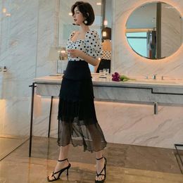 Work Dresses 2024 Casual Elegant 2 Piece Set For Women Summer Print Polka Dot Blouse And Mesh Patchwork Black Skirt Ladies Two