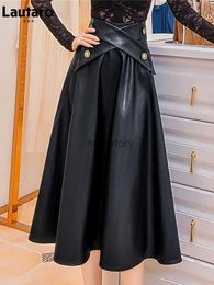 Skirts Skorts Lautaro Autumn High Waisted Black Soft Faux Leather Midi Skirt Women A Line Long for Korean Fashion Clothing 2021 YQ240223