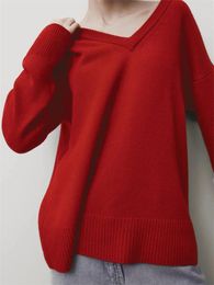 Women's Sweaters Red Knit Sweater Women V-neck Simple Loose Long Sleeve Top Female 2024 Spring Pullover