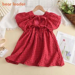 Girl's Dresses Bear Leader Summer Red Plaid Bow Dresses Elegant Lolita Child Baby Girl Midi Dress Children Dresses Girl Party Princess SundressL2402