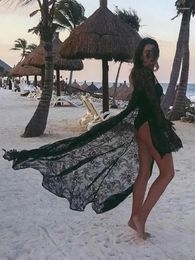 Women's Swimwear Black Sexy Mesh Relaxed Embroidered Kimono Cardigan Tunic Long Beach Dress Women Swim Cover Up Q516