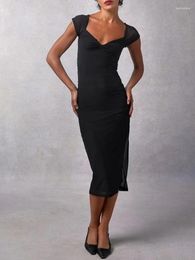 Casual Dresses Black Women Mesh Midi Dress Sexy V-neck Sheath Short Sleeve Female Mid-calf Robes