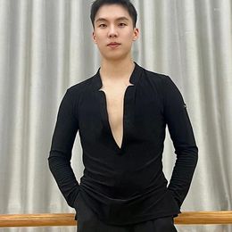 Stage Wear 2024 Latin Dance Tops For Men Deep V-Neck Shirts Chacha Rumba Tango Dress Male Adult Practice Clothes DQS14645