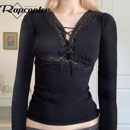 Women's T Shirts Rapcopter Black Lace Shirt Tie Up V Neck Vintage Full Sleeve Crop Top Harajuku Cute Fairycore Autumn Winter Tee Casual