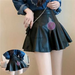 Skirts Skorts Summer Black Pleated Skirt Faux Leather Womens Invisible Open Crotch Outdoor Sex Fashion High Waist Short A- Line Skort YQ240223