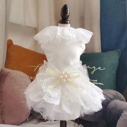 Dog Apparel Wedding Dress Pearl Bow Accessories Pet Cat Skirt Clothing