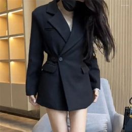 Women's Suits High-grade Black Suit V-neck Jacket Women Spring Autumn Coat 2024 Retro Waist Slimming Outwear Temperament Casual Top