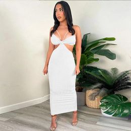 Casual Dresses Sexy Knit Rib Bodycon Midi Dress For Women 2024 Spaghetti Strap Cut Out Night Club Sleeveless Party Birthday Vestido