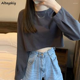 Women's T Shirts Solid Long Sleeve T-shirts Women Basic Crop Tops Simple All-match Loose Japanese Style Causal Tshirts Female Daily Ulzzang