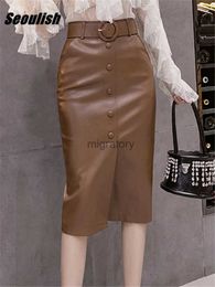 Skirts Skorts Seoulish Autumn Winter Faux PU Leather Womens Wrap with Belted 2023 New High Waist Black Office Sexy Pencil YQ240223