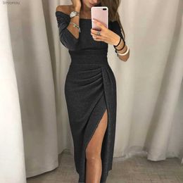 Urban Sexy Dresses Womens Wraped Hip Side High Split Straight Neck Off Shoulder Dinner Dress Solid Colour Sparkling Crystal Evening Dresses 240223