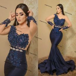 Aso Ebi 2021 Arabic Navy Blue Mermaid Evening Dresses Lace Beaded Prom Dress Sheer Neck long sleeve Formal Party Second Reception 258f