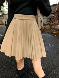 Skirts Autumn Winter Slim Solid Pu Leather Elastic High Waist Mini Skirt Women Vintage Elegant Sexy Club A-line Pleated Short