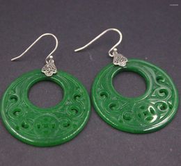 Dangle Earrings Real S925 Sterling Silver For Women Green Jadeite Jade Hollow Pattern Big Round Ethnic Style 2.12inchH