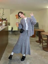 Work Dresses Korean Sweet Girl Knitted Suit Women's Spring O-neck Sweater Coat Mermaid Long Skirt Two-piece Set Fashion Female Clothes