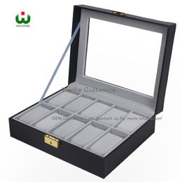 10 Grids Slot PU New Bias Leather Brand Logo Watch Box Display Organiser Glass Top Jewellery Storage Organiser BOX BLACK Grey Interi238a