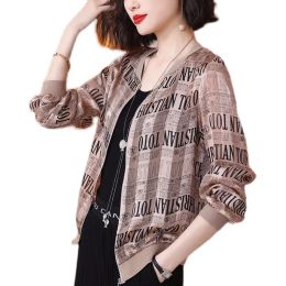 Jackets 2022 Summer Chiffon Lace Print Jacket Women Long Sleeve Loose Bomber Jacket Lady Tops Female Casual Sun Protection Jacket Coats