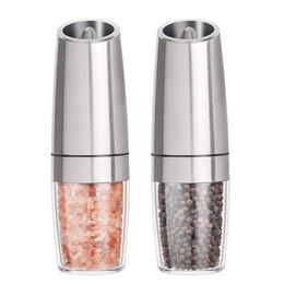 Gravity Electric Salt And Pepper Grinders Set - Battery Operated Stainless Steel Automatic Pepper Mills With Blue Led Light T2003221B