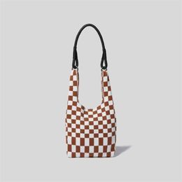 Evening Bags Plaid Crochet Shoulder For Women Fashion Japanese Knit Elastici Ladies Shopper Bag Pu Leather Handle Winter Female To240n