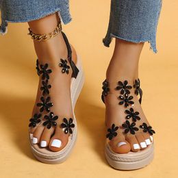 Sandals Ladies Fashion Summer Transparent Strap Flower Wedge Heel Elastic Casual Roman