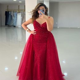 2024 Aso Ebi Dark Red Mermaid Prom Dress Lace Beaded Evening Formal Party Second Reception 50th Birthday Engagement Gowns Dresses Robe De Soiree ZJ77