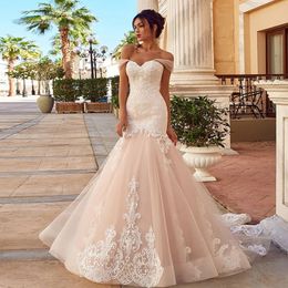 Arabic Mermaid Wedding Dresses Long Boho Beach Luxurious Crystal Lace Appliques Gown Custom Made Pink Elegant Bride Robes De Mariee Bridal Dress 328 328