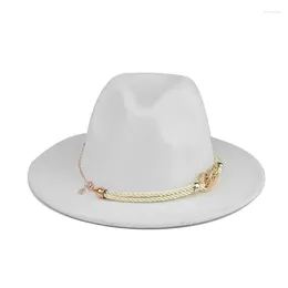 Berets Fedora Hats Big Brim Panama Thick Gold Chain Band Belt Men Women Winter Autumn Wide Felted Fedoras