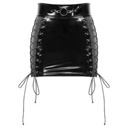 Skirts Skorts Womens Fashion Hollow Out Lace-up Gothic Mini Skirt Rave Party Punk Clubwear Wet Look Patent Leather Pencil YQ240223