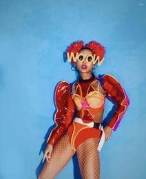 Stage Wear Nightclub Gogo Dance Costume Red Transparent Clown Rave Outfit Pole Clothing Festival Jazz Dancewear