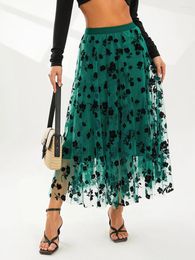 Skirts Fashion Womens Tulle Long Skirt Vintage High Waist Flocked Floral Print Midi A-Line Skin Friendly S-XL