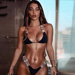 Womens Swimwear TolTolQ 2021 Crystal Diamonds Chain Sexy Summer Women Bodysuits Beachwear Casual Bling Sequined Set 2 Piece VVK7 VVK7