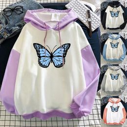 Women's Hoodies Women Casual Long Sleeve Butterfly Print Drawstring Pullover Hoodie Color Block Sweatshirt Tops