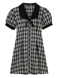 Party Dresses French Elegance Checkerboard Plaid Frocks Thin Turn Down Collar Bow A-Line Office Lady Summer Casual Clothing Streetwear 2024