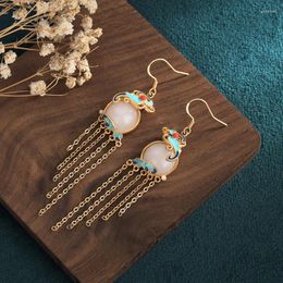 Stud Earrings Female Luxury Imitation Jade Vintage Gold Color Wedding Jewelry Enamel Painted Tassel For Women