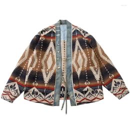 Men's Jackets Geometric Pattern Japan Style Men Stand Collar Casual Kimono Jacket Long Sleeves Denim Patchwork Ripped Loose Coat Haori