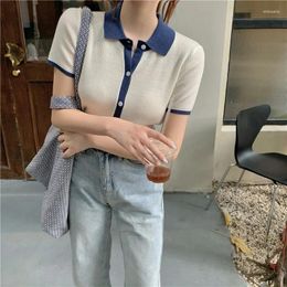 Women's T Shirts 2024 Summer Short Graceful Thin-Style Grey Tops Polo Collar Viscose Fibre Short-Sleeved Knitted Elegant T-shirts