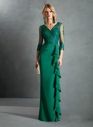 Elegant Green Mother Of The Bride Dresses Ruffles Long Sleeves Lace Appliques Floor Length Wedding Guest Dress V-Neck Plus Size Formal Ocn Gowns 2024 328 328