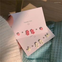 Stud Earrings Japan And Korea Six-piece Pink White Set Of Sweet Flowers Peach Bow Pearl