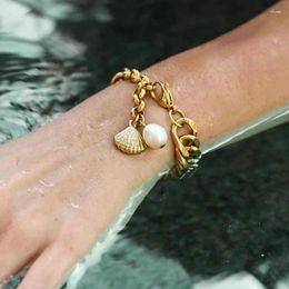 Link Bracelets Fashion Vintage Stainless Steel Freshwater Pearl Shell Bracelet 10mm Wide Double Cuban Chain Women's Hand Jewellery