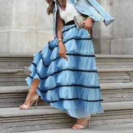 Skirts Women Skirt High Waist A-line Big Swing Ruffle Contrast Color Pleated Princess Style Elastic Ankle Length Maxi