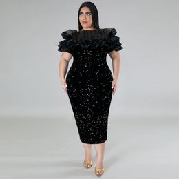 Black Sequin Party Dress Ruffles Mesh Splicing Cub Slash Neck Short Sleeves Plus Size Women Dresses Real Picture