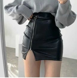 Skirts Skorts Black Mini Sexy Skirt High Waist Package Hip Pencil Women Korean Fashion Pu Faux Leather Split Zipper Short YQ240223