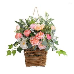 Decorative Flowers Door Hanger Basket Wreath Artificial Spring Summer Front Garland Fake Floral Wall Hanging Garden Decor