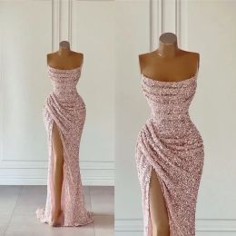 Gold Pink Rose Sequins Prom Dresses Sexy Mermaid Strapless Split High Evening African Girls Formal Party Ocn Gowns Custom Made BC15182