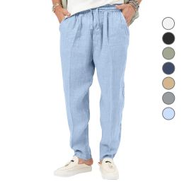 Pants Men's Cotton Linen Pants Loose Summer Casual Pants Male Breathable Solid Colour Drawstring Jogger Yoga Sports Linen Trousers